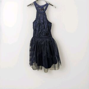 Maniju Size Large Blue Lace Halter Mini Dress With Puffer Organza Skirt Nwt